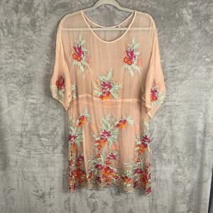 Soft Surroundings Silk Sheer Overlay Floral Embroidered Tunic Top SZ Med Boho